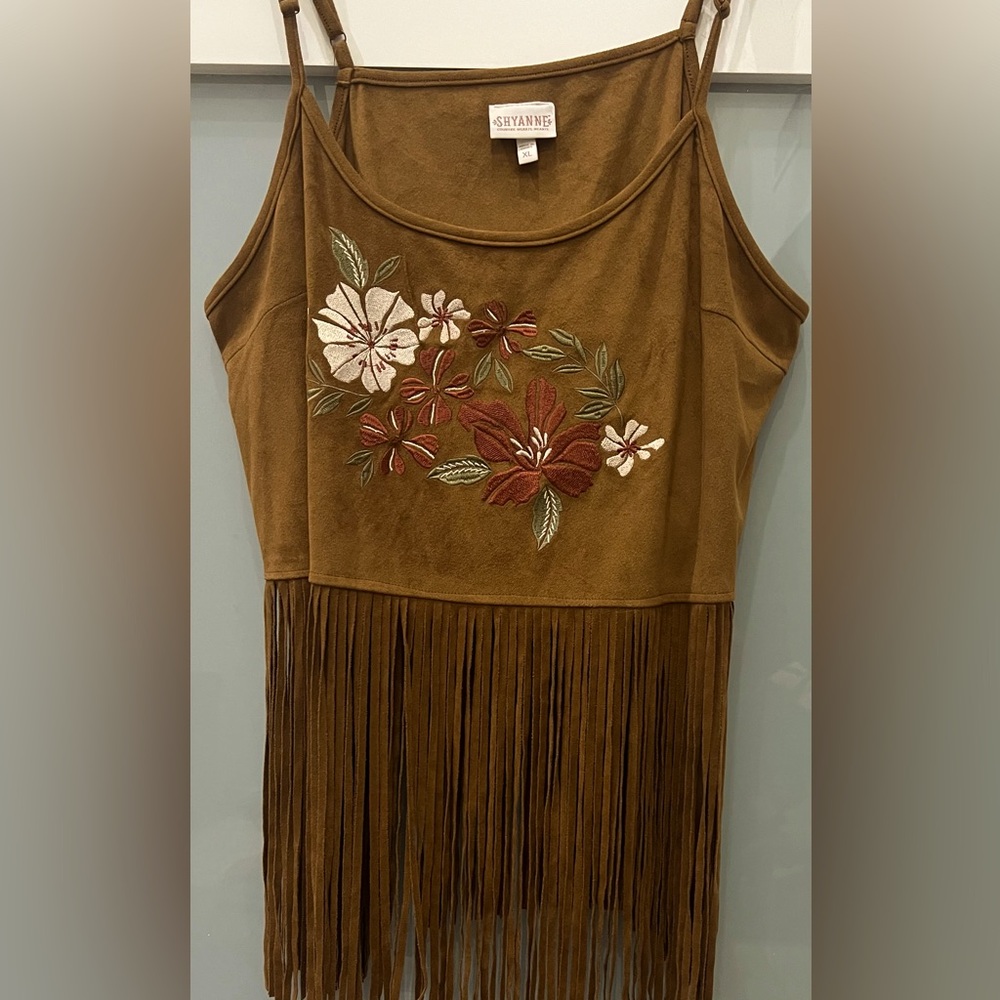 Shyanne Brown Floral Embroidered Fringe Crop Top